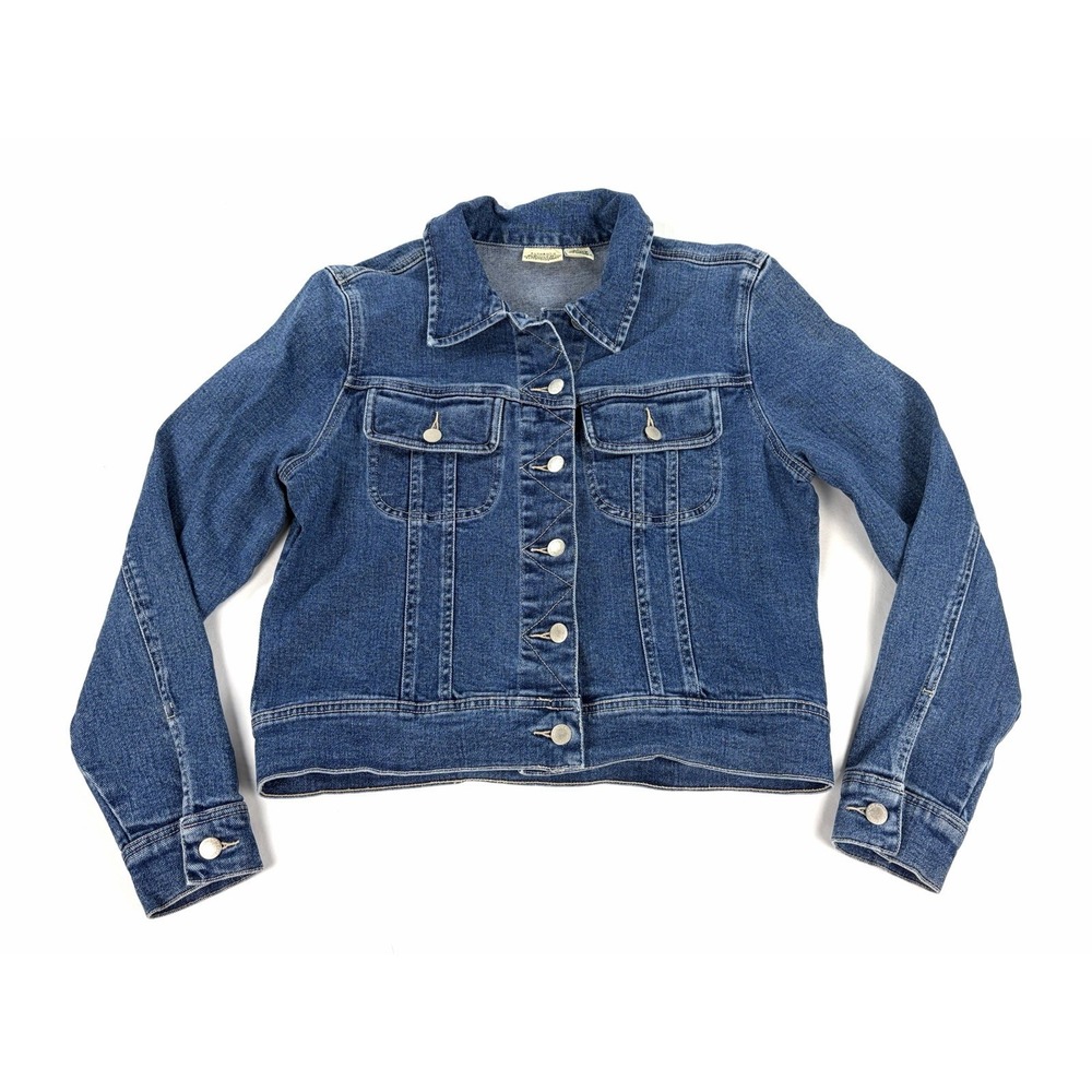 Vintage St John's Bay Denim Jacket Womens Medium Blue Stretch Jean Trucker Coat